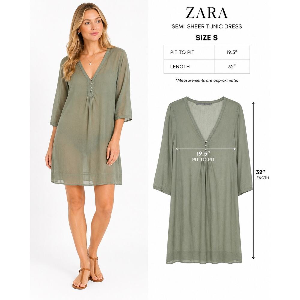 ZARA Basic Green Cotton Lightweight Tunic Size S Beach or Pool Ready Semi-Sheer